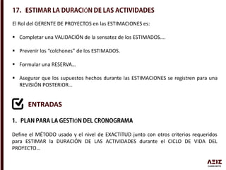 Ó
El Rol del GERENTE DE PROYECTOS en las ESTIMACIONES es:
 Completar una VALIDACIÓN de la sensatez de los ESTIMADOS….
 Prevenir los “colchones” de los ESTIMADOS.
 Formular una RESERVA…
 Asegurar que los supuestos hechos durante las ESTIMACIONES se registren para una
REVISIÓN POSTERIOR…
ENTRADAS
Ó
Define el MÉTODO usado y el nivel de EXACTITUD junto con otros criterios requeridos
para ESTIMAR la DURACIÓN DE LAS ACTIVIDADES durante el CICLO DE VIDA DEL
PROYECTO…
 