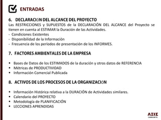 ENTRADAS
Ó
Las RESTRICCIONES y SUPUESTOS de la DECLARACIÓN DEL ALCANCE del Proyecto se
tienen en cuenta al ESTIMAR la Duración de las Actividades.
- Condiciones Existentes
- Disponibilidad de la Información
- Frecuencia de los períodos de presentación de los INFORMES.
 Bases de Datos de los ESTIMADOS de la duración y otros datos de REFERENCIA
 Métricas de PRODUCTIVIDAD
 Información Comercial Publicada
Ó
 Información Histórica relativa a la DURACIÓN de Actividades similares.
 Calendario del PROYECTO
 Metodología de PLANIFICACIÓN
 LECCIONES APRENDIDAS
 
