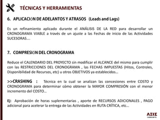 TÉCNICAS Y HERRAMIENTAS
Ó
Es un refinamiento aplicado durante el ANÁLISIS DE LA RED para desarrollar un
CRONOGRAMA VIABLE a través de un ajuste a las Fechas de inicio de las Actividades
SUCESORAS….
Ó
Reduce el CALENDARIO DEL PROYECTO sin modificar el ALCANCE del mismo para cumplir
con las RESTRICCIONES DEL CRONOGRAMA , las FECHAS IMPUESTAS (Hitos, Controles,
Disponibilidad de Recursos, etc) u otros OBJETIVOS ya establecidos…
Técnica en la cual se analizan las concesiones entre COSTO y
CRONOGRAMA para determinar cómo obtener la MAYOR COMPRESIÓN con el menor
incremento del COSTO…
Ej: Aprobación de horas suplementarias , aporte de RECURSOS ADICIONALES , PAGO
adicional para acelerar la entrega de las Actividades en RUTA CRÍTICA, etc…
 