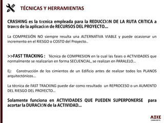 TÉCNICAS Y HERRAMIENTAS
é Ó Í
é ó
La COMPRESIÓN NO siempre resulta una ALTERNATIVA VIABLE y puede ocasionar un
incremento en el RIESGO o COSTO del Proyecto..
Técnica de COMPRESION en la cual las fases o ACTIVIDADES que
normalmente se realizarían en forma SECUENCIAL, se realizan en PARALELO…
Ej: Construcción de los cimientos de un Edificio antes de realizar todos los PLANOS
arquitectónicos…
La técnica de FAST TRACKING puede dar como resultado un REPROCESO o un AUMENTO
DEL RIESGO DEL PROYECTO…
Ó
 