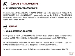 TÉCNICAS Y HERRAMIENTAS
Ó
Herramientas AUTOMATIZADAS de PLANIFICACIÓN las cuales aceleran el PROCESO DE
PLANIFICACIÓN DEL CRONOGRAMA generando fechas de INICIO y FINALIZACIÓN
basadas en las entradas de ACTIVIDADES, los DIAGRAMAS DE RED, los RECURSOS y las
DURACIONES de las mismas….
SALIDAS
Corresponde a TODA LA INFORMACIÓN obtenida hasta ahora y debe contener como
mínimo las FECHAS DE INICIO y FINALIZACIÓN programadas para cada ACTIVIDAD…
El CRONOGRAMA resultante de este ejercicio deberá estar APROBADO por los
STAKEHOLDERs respectivos ANTES de aprobar el PLAN DEL PROYECTO….
Se puede representar en forma de TABLA o mediante gráficas (Diagrama de GANNT)
 