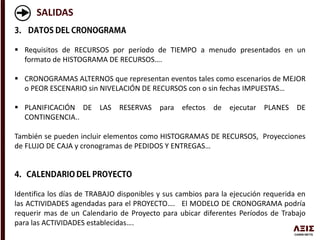 SALIDAS
 Requisitos de RECURSOS por período de TIEMPO a menudo presentados en un
formato de HISTOGRAMA DE RECURSOS….
 CRONOGRAMAS ALTERNOS que representan eventos tales como escenarios de MEJOR
o PEOR ESCENARIO sin NIVELACIÓN DE RECURSOS con o sin fechas IMPUESTAS…
 PLANIFICACIÓN DE LAS RESERVAS para efectos de ejecutar PLANES DE
CONTINGENCIA..
También se pueden incluir elementos como HISTOGRAMAS DE RECURSOS, Proyecciones
de FLUJO DE CAJA y cronogramas de PEDIDOS Y ENTREGAS…
Identifica los días de TRABAJO disponibles y sus cambios para la ejecución requerida en
las ACTIVIDADES agendadas para el PROYECTO…. El MODELO DE CRONOGRAMA podría
requerir mas de un Calendario de Proyecto para ubicar diferentes Períodos de Trabajo
para las ACTIVIDADES establecidas….
 