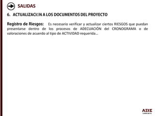 SALIDAS
Ó
Es necesario verificar y actualizar ciertos RIESGOS que puedan
presentarse dentro de los procesos de ADECUACIÓN del CRONOGRAMA o de
valoraciones de acuerdo al tipo de ACTIVIDAD requerida…
 
