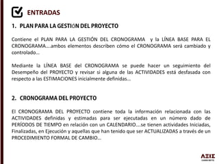 ENTRADAS
Ó
Contiene el PLAN PARA LA GESTIÓN DEL CRONOGRAMA y la LÍNEA BASE PARA EL
CRONOGRAMA….ambos elementos describen cómo el CRONOGRAMA será cambiado y
controlado…
Mediante la LÍNEA BASE del CRONOGRAMA se puede hacer un seguimiento del
Desempeño del PROYECTO y revisar si alguna de las ACTIVIDADES está desfasada con
respecto a las ESTIMACIONES inicialmente definidas…
El CRONOGRAMA DEL PROYECTO contiene toda la información relacionada con las
ACTIVIDADES definidas y estimadas para ser ejecutadas en un número dado de
PERÍODOS DE TIEMPO en relación con un CALENDARIO….se tienen actividades Iniciadas,
Finalizadas, en Ejecución y aquellas que han tenido que ser ACTUALIZADAS a través de un
PROCEDIMIENTO FORMAL DE CAMBIO…
 