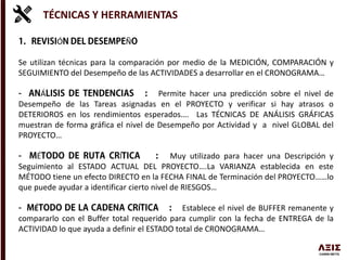 Ó Ñ
Se utilizan técnicas para la comparación por medio de la MEDICIÓN, COMPARACIÓN y
SEGUIMIENTO del Desempeño de las ACTIVIDADES a desarrollar en el CRONOGRAMA…
Á Permite hacer una predicción sobre el nivel de
Desempeño de las Tareas asignadas en el PROYECTO y verificar si hay atrasos o
DETERIOROS en los rendimientos esperados…. Las TÉCNICAS DE ANÁLISIS GRÁFICAS
muestran de forma gráfica el nivel de Desempeño por Actividad y a nivel GLOBAL del
PROYECTO…
É Í Muy utilizado para hacer una Descripción y
Seguimiento al ESTADO ACTUAL DEL PROYECTO….La VARIANZA establecida en este
MÉTODO tiene un efecto DIRECTO en la FECHA FINAL de Terminación del PROYECTO……lo
que puede ayudar a identificar cierto nivel de RIESGOS…
É Í Establece el nivel de BUFFER remanente y
compararlo con el Buffer total requerido para cumplir con la fecha de ENTREGA de la
ACTIVIDAD lo que ayuda a definir el ESTADO total de CRONOGRAMA…
TÉCNICAS Y HERRAMIENTAS
 