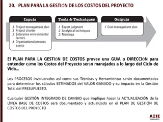 Ó
Ó Í Ó
ó á
Los PROCESOS involucrados así como sus Técnicas y Herramientas serán documentadas
para determinar los cálculos ESTIMADOS del VALOR GANADO y su impacto en la Gestión
Total del PRESUPUESTO.
Cualquier GESTIÓN INTEGRADO DE CAMBIO que implique hacer la ACTUALIZACIÓN de la
LÍNEA BASE DE COSTOS será documentado y actualizado en el PLAN DE GESTIÓN DE
COSTOS DEL PROYECTO
 