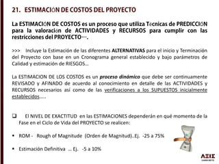 Ó
Ó é Ó
ó
>>> Incluye la Estimación de las diferentes ALTERNATIVAS para el inicio y Terminación
del Proyecto con base en un Cronograma general establecido y bajo parámetros de
Calidad y estimación de RIESGOS…
La ESTIMACION DE LOS COSTOS es un proceso dinámico que debe ser continuamente
REVISADO y AFINADO de acuerdo al conocimiento en detalle de las ACTIVIDADES y
RECURSOS necesarios así como de las verificaciones a los SUPUESTOS inicialmente
establecidos…..
 El NIVEL DE EXACTITUD en las ESTIMACIONES dependerán en qué momento de la
Fase en el Ciclo de Vida del PROYECTO se realicen:
 ROM - Rough of Magnitude (Orden de Magnitud)..Ej. -25 a 75%
 Estimación Definitiva … Ej. -5 a 10%
 