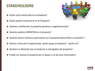 STAKEHOLDERS
Quién está involucrado en el proyecto?
Quién podría involucrarse en el Proyecto?
Quiénes contribuirán al proyecto (positiva o negativamente)?
Quiénes podrían IMPACTAR en el proyecto?
Quiénes tienen intereses particulares en el proyecto (desarrollo o anulación) ?
Dentro y fuera de la organización, quién apoya al proyecto? Quién no?
Quiénes se afectarán por el producto o entregables del proyecto?
Puede ser exitoso el proyecto por el apoyo o no de esos interesados?
 
