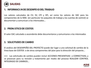 SALIDAS
Ó Ñ
Los valores calculados de CV, SV, CPI y SPI, así como los valores de VAC para los
componentes de la WBS (en particular los paquetes de trabajo y las cuentas de control) se
documentan y comunican a los interesados…
Ó
El valor EAC calculado o ascendente debe documentarse y comunicarse a los interesados
El análisis del DESEMPEÑO DEL PROYECTO puede dar lugar a una solicitud de cambio de la
línea base de COSTOS o de otros componentes del plan para la dirección del proyecto…
>>> Las solicitudes de cambio pueden incluir ACCIONES PREVENTIVAS o CORRECTIVAS, y
se procesan para su revisión y tratamiento por medio del proceso REALIZAR CONTROL
INTEGRADO DE CAMBIOS…
 