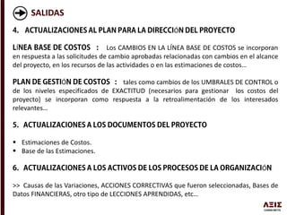 SALIDAS
Ó
Í Los CAMBIOS EN LA LÍNEA BASE DE COSTOS se incorporan
en respuesta a las solicitudes de cambio aprobadas relacionadas con cambios en el alcance
del proyecto, en los recursos de las actividades o en las estimaciones de costos…
Ó tales como cambios de los UMBRALES DE CONTROL o
de los niveles especificados de EXACTITUD (necesarios para gestionar los costos del
proyecto) se incorporan como respuesta a la retroalimentación de los interesados
relevantes…
 Estimaciones de Costos.
 Base de las Estimaciones.
Ó
>> Causas de las Variaciones, ACCIONES CORRECTIVAS que fueron seleccionadas, Bases de
Datos FINANCIERAS, otro tipo de LECCIONES APRENDIDAS, etc…
 