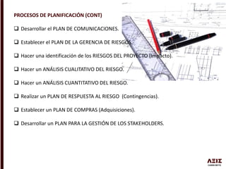 PROCESOS DE PLANIFICACIÓN (CONT)
 Desarrollar el PLAN DE COMUNICACIONES.
 Establecer el PLAN DE LA GERENCIA DE RIESGOS.
 Hacer una identificación de los RIESGOS DEL PROYECTO (Impacto).
 Hacer un ANÁLISIS CUALITATIVO DEL RIESGO.
 Hacer un ANÁLISIS CUANTITATIVO DEL RIESGO.
 Realizar un PLAN DE RESPUESTA AL RIESGO (Contingencias).
 Establecer un PLAN DE COMPRAS (Adquisiciones).
 Desarrollar un PLAN PARA LA GESTIÓN DE LOS STAKEHOLDERS.
 