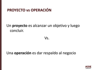 Un proyecto es alcanzar un objetivo y luego
concluir.
Vs.
Una operación es dar respaldo al negocio
PROYECTO vs OPERACIÓN
 