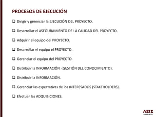 PROCESOS DE EJECUCIÓN
 Dirigir y gerenciar la EJECUCIÓN DEL PROYECTO.
 Desarrollar el ASEGURAMIENTO DE LA CALIDAD DEL PROYECTO.
 Adquirir el equipo del PROYECTO.
 Desarrollar el equipo el PROYECTO.
 Gerenciar el equipo del PROYECTO.
 Distribuir la INFORMACIÓN (GESTIÓN DEL CONOCIMIENTO).
 Distribuir la INFORMACIÓN.
 Gerenciar las espectativas de los INTERESADOS (STAKEHOLDERS).
 Efectuar las ADQUISICIONES.
 