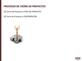 PROCESOS DE CIERRE DE PROYECTOS
 Cierre del Proyecto o FASE DEL PROYECTO.
 Cierre de Compras y CONTRATACIÓN.
 