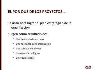 Se usan para lograr el plan estratégico de la
organización
Surgen como resultado de:
 Una demanda de mercado
 Una necesidad de la organización
 Una solicitud del cliente
 Un avance tecnológico
 Un requisito legal
EL POR QUÉ DE LOS PROYECTOS…..
 