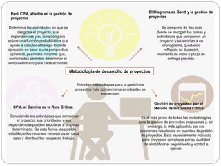 Metodología de desarrollo de proyectos
Entre las metodologías para la gestión de
proyectos más comúnmente empleadas se
encuentran:
El Diagrama de Gantt y la gestión de
proyectos
Se compone de dos ejes
donde se recogen las tareas y
actividades que componen un
proyecto y se asocian a un
cronograma, quedando
reflejada su duración,
momento de inicio y plazo de
entrega previsto.
Pert/ CPM, aliados en la gestión de
proyectos
Determina las actividades en que se
desglosa el proyecto, sus
dependencias y su duración para
aplicar una función probabilística que
ayude a calcular el tiempo total de
ejecución en base a una perspectiva
optimista, pesimista o normal que,
combinadas permiten determinar el
tiempo estimado para cada actividad.
CPM, el Camino de la Ruta Crítica
Conociendo las actividades que componen
el proyecto, sus prioridades y sus
dependencias pueden asociarse a un plazo
determinado. De esta forma, es posible
establecer los recursos necesarios en cada
caso y distribuir las cargas de trabajo.
Gestión de proyectos por el
Método de la Cadena Crítica
Es el más joven de todas las metodologías
para la gestión de proyectos propuestas y, sin
embargo, la más aplaudida por sus
excelentes resultados en cuanto a la gestión
de proyectos. Está especialmente indicado
para proyectos complejos por su cualidad
de simplificar el seguimiento y control a
ejercer.
 
