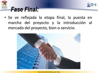 Fase Final:
• Se ve reflejada la etapa final, la puesta en
marcha del proyecto y la introducción al
mercado del proyecto, bien o servicio.
 