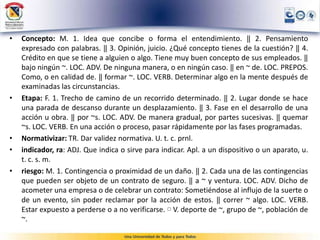 • Concepto: M. 1. Idea que concibe o forma el entendimiento. ‖ 2. Pensamiento
expresado con palabras. ‖ 3. Opinión, juicio. ¿Qué concepto tienes de la cuestión? ‖ 4.
Crédito en que se tiene a alguien o algo. Tiene muy buen concepto de sus empleados. ‖
bajo ningún ~. LOC. ADV. De ninguna manera, o en ningún caso. ‖ en ~ de. LOC. PREPOS.
Como, o en calidad de. ‖ formar ~. LOC. VERB. Determinar algo en la mente después de
examinadas las circunstancias.
• Etapa: F. 1. Trecho de camino de un recorrido determinado. ‖ 2. Lugar donde se hace
una parada de descanso durante un desplazamiento. ‖ 3. Fase en el desarrollo de una
acción u obra. ‖ por ~s. LOC. ADV. De manera gradual, por partes sucesivas. ‖ quemar
~s. LOC. VERB. En una acción o proceso, pasar rápidamente por las fases programadas.
• Normativizar: TR. Dar validez normativa. U. t. c. prnl.
• indicador, ra: ADJ. Que indica o sirve para indicar. Apl. a un dispositivo o un aparato, u.
t. c. s. m.
• riesgo: M. 1. Contingencia o proximidad de un daño. ‖ 2. Cada una de las contingencias
que pueden ser objeto de un contrato de seguro. ‖ a ~ y ventura. LOC. ADV. Dicho de
acometer una empresa o de celebrar un contrato: Sometiéndose al influjo de la suerte o
de un evento, sin poder reclamar por la acción de estos. ‖ correr ~ algo. LOC. VERB.
Estar expuesto a perderse o a no verificarse. ▢ V. deporte de ~, grupo de ~, población de
~.
 