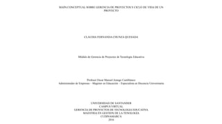 MAPA CONCEPTUAL SOBRE GERENCIA DE PROYECTOS Y CICLO DE VIDA DE UN
PROYECTO
CLAUDIA FERNANDA CHUNZA QUESADA
Módulo de Gerencia de Proyectos de Tecnología Educativa
Profesor Oscar Manuel Arango Castiblanco
Administrador de Empresas – Magister en Educación – Especialista en Docencia Universitaria
UNIVERSIDAD DE SANTANDER
CAMPUS VIRTUAL
GERENCIA DE PROYECTOS DE TECNOLOGIA EDUCATIVA
MAESTRIA EN GESTION DE LA TENOLOGÍA
CUDINAMARCA
2016
 