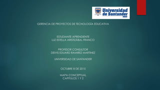 GERENCIA DE PROYECTOS DE TECNOLOGÍA EDUCATIVA
ESTUDIANTE APRENDIENTE
LUZ ESTELLA ARISTIZÁBAL FRANCO
PROFESOR CONSULTOR
DEIVIS EDUARD RAMIREZ MARTINEZ
UNIVERSIDAD DE SANTANDER
OCTUBRE 8 DE 2015
MAPA CONCEPTUAL
CAPITULOS 1 Y 2
 