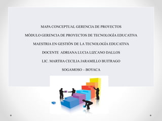 OCTUBRE 2015
MAPA CONCEPTUAL GERENCIA DE PROYECTOS
MÓDULO GERENCIA DE PROYECTOS DE TECNOLOGÍA EDUCATIVA
MAESTRIA EN GESTIÓN DE LA TECNOLOGÍA EDUCATIVA
DOCENTE ADRIANA LUCIA LIZCANO DALLOS
LIC. MARTHA CECILIA JARAMILLO BUITRAGO
SOGAMOSO – BOYACA
 