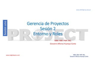 www.redglobeperu.com MBA. MBI. PMP. ING.
Giovanni Alfonso Huanqui Canto
Gerencia de Proyectos
Sesión 2
Entorno y Roles
MBA. MBI. PMP. ING.
Giovanni Alfonso Huanqui Canto
 