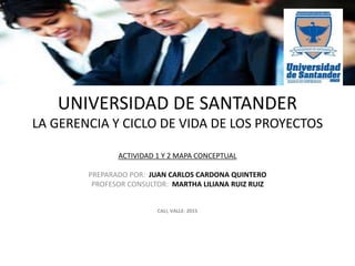 UNIVERSIDAD DE SANTANDER
LA GERENCIA Y CICLO DE VIDA DE LOS PROYECTOS
ACTIVIDAD 1 Y 2 MAPA CONCEPTUAL
PREPARADO POR: JUAN CARLOS CARDONA QUINTERO
PROFESOR CONSULTOR: MARTHA LILIANA RUIZ RUIZ
CALI, VALLE- 2015
 