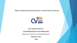 Mapa Conceptual Gerencia de Proyectos y Ciclo de Vida de un proyecto
Yeny Gabriela Gutierrez
UNIVERSIDAD DE SANTANDER UDES
Maestría en Gestión de la Tecnología Educativa
Popayán, Cauca
2018
 