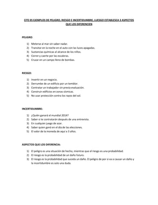 CITE 05 EJEMPLOS DE PELIGRO, RIESGO E INCERTIDUMBRE, LUESGO ESTABLESCA 3 ASPECTOS
QUE LOS DIFERENCIEN
PELIGRO:
1) Meterse al mar sin saber nadar.
2) Transitar en la noche en el auto con las luces apagadas.
3) Sustancias químicas al alcance de los niños.
4) Correr y caerte por las escaleras.
5) Cruzar en un campo lleno de bombas.
RIESGO:
1) Invertir en un negocio.
2) Derrumbe de un edificio por un temblor.
3) Contratar un trabajador sin previa evaluación.
4) Construir edificios en zonas sísmicas.
5) No usar protección contra los rayos del sol.
INCERTIDUMBRE:
1) ¿Quién ganará el mundial 2014?
2) Saber si te contratarán después de una entrevista.
3) En cualquier juego de azar.
4) Saber quien ganó en el día de las elecciones.
5) El valor de la moneda de aquí a 3 años.
ASPECTOS QUE LOS DIFERENCIA:
1) El peligro es una situación de hecho, mientras que el riesgo es una probabilidad.
2) El riesgo es la probabilidad de un daño futuro.
3) El riesgo es la probabilidad que suceda un daño. El peligro de por si va a causar un daño y
la incertidumbre es solo una duda.
 
