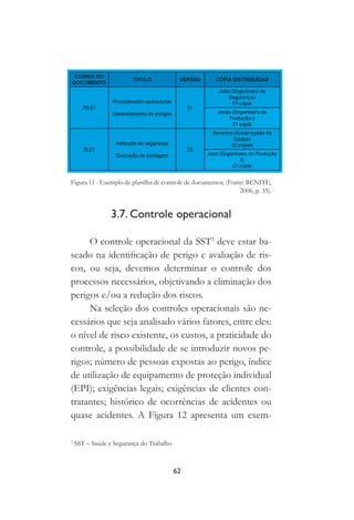62
Figura 11 - Exemplo de planilha de controle de documentos. (Fonte: BENITE,
2006, p. 35).
3.7. Controle operacional
O controle operacional da SST3
deve estar ba-
seado na identificação de perigo e avaliação de ris-
cos, ou seja, devemos determinar o controle dos
processos necessários, objetivando a eliminação dos
perigos e/ou a redução dos riscos.
Na seleção dos controles operacionais são ne-
cessários que seja analisado vários fatores, entre eles:
o nível de risco existente, os custos, a praticidade do
controle, a possibilidade de se introduzir novos pe-
rigos; número de pessoas expostas ao perigo, índice
de utilização de equipamento de proteção individual
(EPI); exigências legais; exigências de clientes con-
tratantes; histórico de ocorrências de acidentes ou
quase acidentes. A Figura 12 apresenta um exem-
3
SST – Saúde e Segurança do Trabalho
 