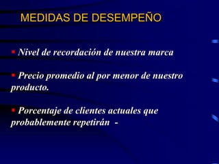 MEDIDAS DE DESEMPEÑO
 Nivel de recordación de nuestra marca
 Precio promedio al por menor de nuestro
producto.
 Porcentaje de clientes actuales que
probablemente repetirán - satisfechos
 