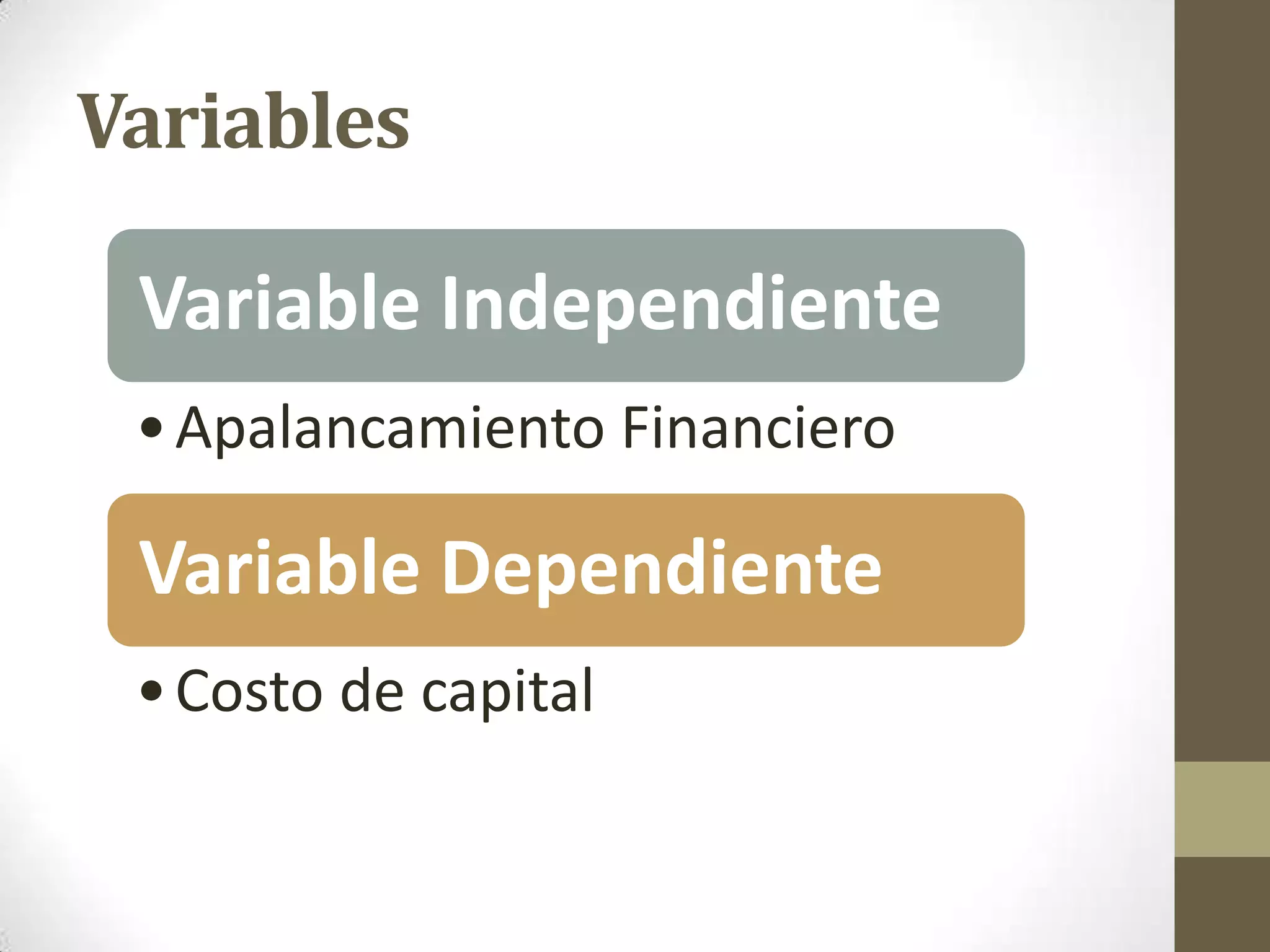 Variables

Variable Independiente
• Apalancamiento Financiero

Variable Dependiente
• Costo de capital

 