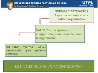 NORMAS Y ARTEFACTOS
                                   Aspectos evidentes de la
                                     cultura organizativa


                      VALORES: concepciones
                      compartidas, es lo deseable para
                      la organización

SUPUESTOS TÁCITOS: valores
interiorizados, para enfrentar
demandas



      3.3 NIVELES DE LA CULTURA ORGANIZATIVA
 