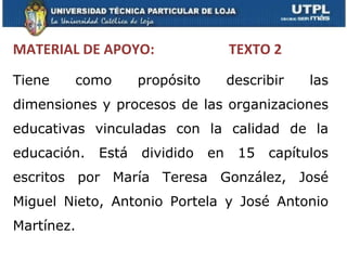 MATERIAL DE APOYO:                   TEXTO 2
Tiene   como        propósito        describir   las
dimensiones y procesos de las organizaciones
educativas vinculadas con la calidad de la
educación.   Está   dividido    en    15   capítulos
escritos por María Teresa González, José
Miguel Nieto, Antonio Portela y José Antonio
Martínez.
 