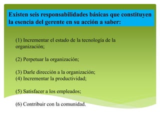 Existen seis responsabilidades básicas que constituyen 
la esencia del gerente en su acción a saber: 
(1) Incrementar el estado de la tecnología de la 
organización; 
(2) Perpetuar la organización; 
(3) Darle dirección a la organización; 
(4) Incrementar la productividad; 
(5) Satisfacer a los empleados; 
(6) Contribuir con la comunidad. 
 