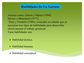 Habilidades De Un Gerente 
Autores como, García y Martin (1980), 
Hersey y Blanchard (1977), 
Terry y Franklin (1986), coinciden en señalar que se 
necesitan tres tipos de habilidades para desarrollar 
efectivamente el trabajo gerencial. 
Estas habilidades son: 
 Habilidad técnica. 
 Habilidad humana 
 Habilidad conceptual 
 