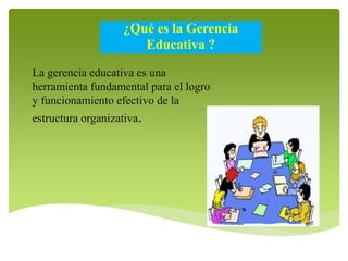 ¿Qué es la Gerencia 
Educativa ? 
La gerencia educativa es una 
herramienta fundamental para el logro 
y funcionamiento efectivo de la 
estructura organizativa. 
 