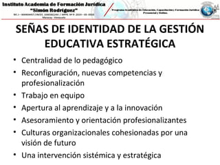 SEÑAS DE IDENTIDAD DE LA GESTIÓN
EDUCATIVA ESTRATÉGICA
• Centralidad de lo pedagógico
• Reconfiguración, nuevas competencias y
profesionalización
• Trabajo en equipo
• Apertura al aprendizaje y a la innovación
• Asesoramiento y orientación profesionalizantes
• Culturas organizacionales cohesionadas por una
visión de futuro
• Una intervención sistémica y estratégica
 