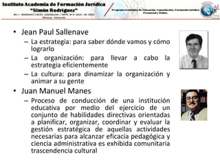 • Jean Paul Sallenave
– La estrategia: para saber dónde vamos y cómo
lograrlo
– La organización: para llevar a cabo la
estrategia eficientemente
– La cultura: para dinamizar la organización y
animar a su gente
• Juan Manuel Manes
– Proceso de conducción de una institución
educativa por medio del ejercicio de un
conjunto de habilidades directivas orientadas
a planificar, organizar, coordinar y evaluar la
gestión estratégica de aquellas actividades
necesarias para alcanzar eficacia pedagógica y
ciencia administrativa es exhibida comunitaria
trascendencia cultural
 