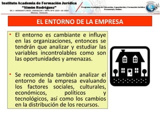EL ENTORNO DE LA EMPRESA
• El entorno es cambiante e influye
en las organizaciones, entonces se
tendrán que analizar y estudiar las
variables incontrolables como son
las oportunidades y amenazas.
• Se recomienda también analizar el
entorno de la empresa evaluando
los factores sociales, culturales,
económicos, políticos y
tecnológicos, así como los cambios
en la distribución de los recursos.
 