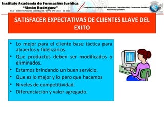 SATISFACER EXPECTATIVAS DE CLIENTES LLAVE DEL
EXITO
• Lo mejor para el cliente base táctica para
atraerlos y fidelizarlos.
• Que productos deben ser modificados o
eliminados.
• Estamos brindando un buen servicio.
• Que es lo mejor y lo pero que hacemos
• Niveles de competitividad.
• Diferenciación y valor agregado.
 