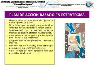 PLAN DE ACCIÓN BASADO EN ESTRATEGIAS
• Llevar a cabo un plan anual de fijación de
metas y planes de acción.
• Si no brindamos un servicio excepcional los
lamentos por falta de clientes no son validos.
• Transformación de puntos de venta en
modelos de gestión, atención y capacitación.
• A las personas no les gusta que les vendan,
sino solucionar sus problemas.
• Asegurar calidad en productos, servicios y
atención.
• Escuchar voz de mercado, crear estrategias
para superar expectativas de clientes.
• Crear tácticas de valor agregado que sean
percibidas por clientes.
 