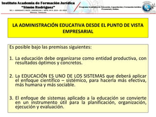 LA ADMINISTRACIÓN EDUCATIVA DESDE EL PUNTO DE VISTA
EMPRESARIAL
Es posible bajo las premisas siguientes:
1. La educación debe organizarse como entidad productiva, con
resultados óptimos y concretos.
2. La EDUCACIÓN ES UNO DE LOS SISTEMAS que deberá aplicar
el enfoque científico – sistémico, para hacerla más efectiva,
más humana y más sociable.
3. El enfoque de sistemas aplicado a la educación se convierte
en un instrumento útil para la planificación, organización,
ejecución y evaluación.
 