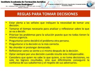 REGLAS PARA TOMAR DECISIONES
• Estar alerta a las señales que indiquen la necesidad de tomar una
decisión.
• Tomarse el tiempo necesario para analizar y reflexionar sobre lo que
se va a decidir.
• Priorizar los problemas para la solución puesto que no todas tienen la
misma urgencia.
• Preguntarse como decidirá el problema otra persona.
• Preguntarse si la decisión es la más correcta.
• No ahondar ni prolongar demasiado.
• Reflexionar como se siente a si mismo después de la decisión.
• Optar siempre por una decisión cuando resulte esta indispensable.
• Considera que quien no sabe lo que quiere, o no toma decisiones, no
solo no lograra resultados, sino que difícilmente conseguirá la
confianza de sus subalternos y el respeto de sus adversarios.
 