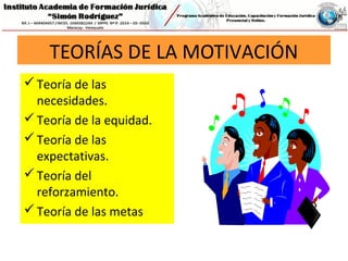 TEORÍAS DE LA MOTIVACIÓN
Teoría de las
necesidades.
Teoría de la equidad.
Teoría de las
expectativas.
Teoría del
reforzamiento.
Teoría de las metas
 