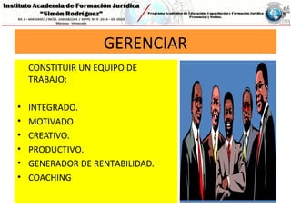 GERENCIAR
CONSTITUIR UN EQUIPO DE
TRABAJO:
• INTEGRADO.
• MOTIVADO
• CREATIVO.
• PRODUCTIVO.
• GENERADOR DE RENTABILIDAD.
• COACHING
 