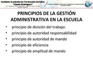 PRINCIPIOS DE LA GESTIÓN
ADMINISTRATIVA EN LA ESCUELA
• principio de división del trabajo:
• principio de autoridad responsabilidad
• principio de autoridad de mando
• principio de eficiencia
• principio de amplitud de mando
 