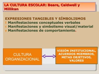 LA CULTURA ESCOLAR: Beare, Caldwell y Millikan EXPRESIONES TANGIBLES Y SÍMBOLISMOS Manifestaciones conceptuales verbales Manifestaciones y simbolismo visual/material Manifestaciones de comportamiento . CULTURA ORGANIZACIONAL VISIÓN INSTITUCIONAL, ACUERDOS MIEMBROS, METAS OBJETIVOS, VALORES 