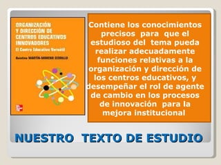 NUESTRO  TEXTO DE ESTUDIO  Contiene los conocimientos precisos  para  que el estudioso del  tema pueda realizar adecuadamente funciones relativas a la organización y dirección de los centros educativos, y desempeñar el rol de agente de cambio en los procesos de innovación  para la mejora institucional  