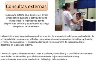 Consultas externas
La hospitalización y los quirófanos son instrumentos de apoyo dentro del proceso de relación de
un especialista y un enfermo, utilizables puntualmente cuando sean imprescindibles y durante
el menor tiempo posible. El trabajo fundamental en gran número de especialidades se
desarrolla en la consulta externa.
La consulta aporta diversas ventajas: para el paciente, comodidad y la posibilidad de mantener
su actividad socio-familiar; para el sistema sanitario, bajos costes de instalación y
mantenimiento, y un mayor rendimiento del trabajo del especialista.
La consulta externa es, o debe ser, el pivote
alrededor del cual gira la actividad de una
especialidad: el lugar idóneo donde
diagnosticar, orientar y establecer la estrategia
terapéutica de un enfermo.
 